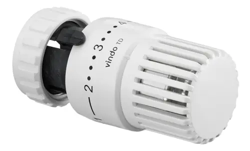 Weißer Oventrop-Thermostat mit Drehregler und Flüssigfühler, geeignet für Danfoss-Thermostatventile, mit Temperaturbereich von 7 bis 28 Grad Celsius.